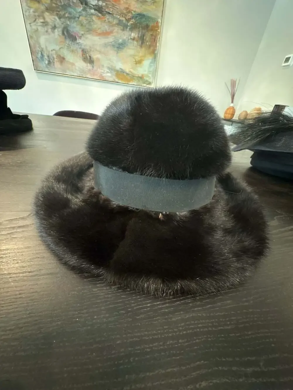 Vintage Black Fur Hat with Ribbon Bow fits S/M